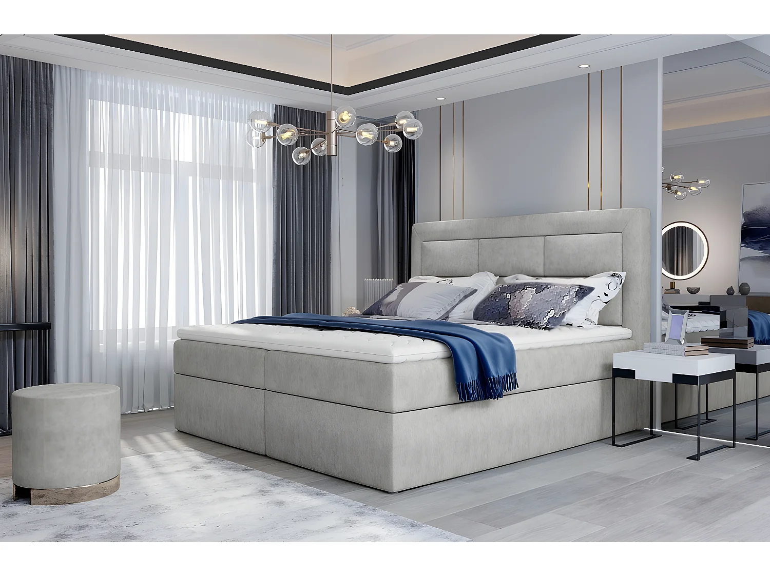 Ensemble boxspring complet tête de lit + sommiers + matelas + surmatelas VISTA de VENESETTI - tissu luxe gris - 180 x 200 cm