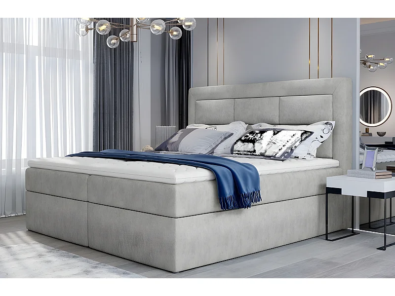 Ensemble boxspring complet tête de lit + sommiers + matelas + surmatelas VISTA de VENESETTI - tissu luxe gris - 180 x 200 cm