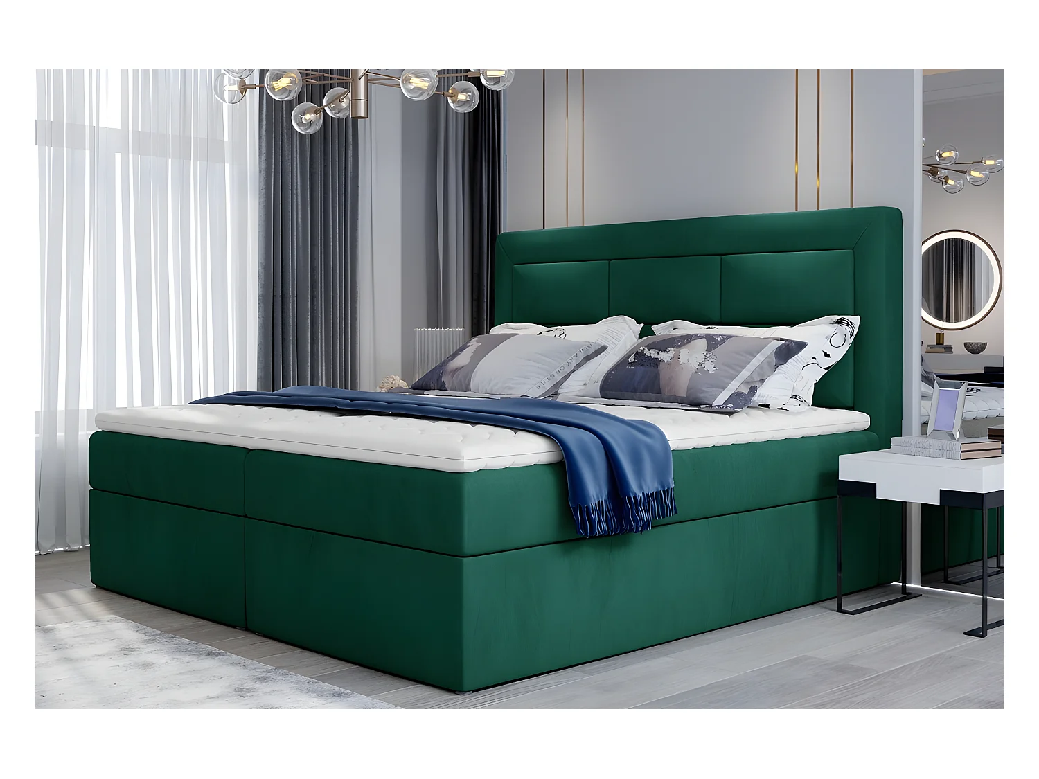 Ensemble boxspring complet tête de lit + sommiers + matelas + surmatelas VISTA VELOURS de VENESETTI - tissu velours luxe vert - 160 x 200 cm