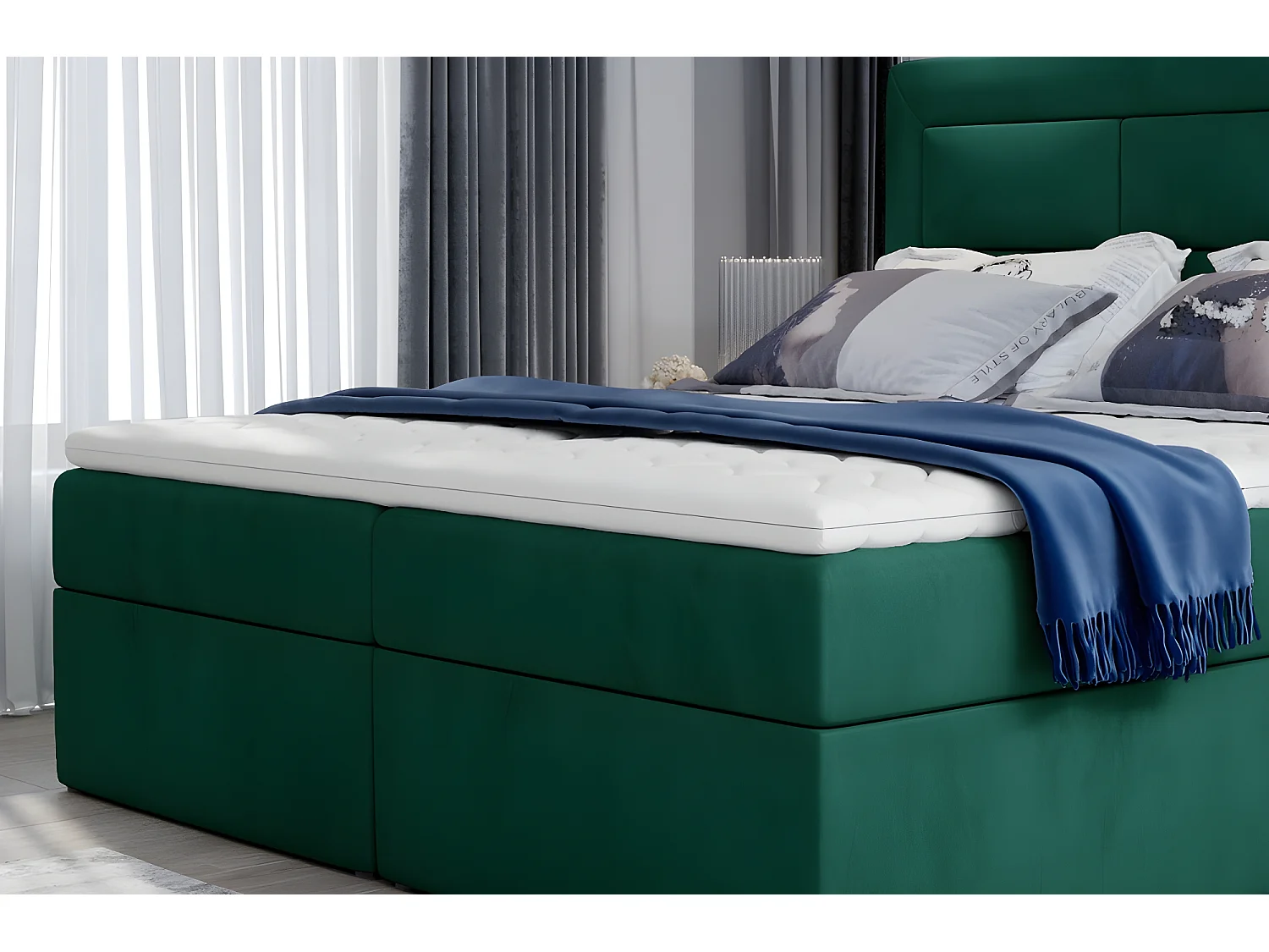 Ensemble boxspring complet tête de lit + sommiers + matelas + surmatelas VISTA VELOURS de VENESETTI - tissu velours luxe vert - 160 x 200 cm