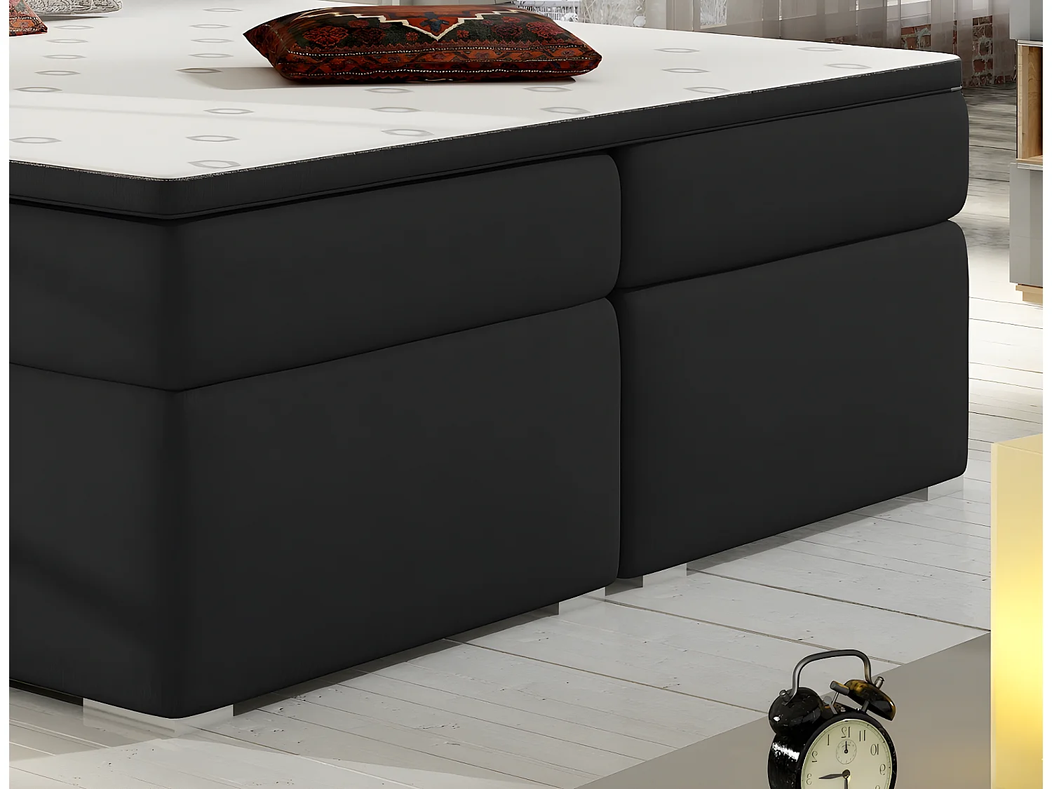 Ensemble boxspring complet tête de lit + sommiers + matelas + surmatelas BORIS de VENESETTI - tissu luxe noir - 180x200 cm