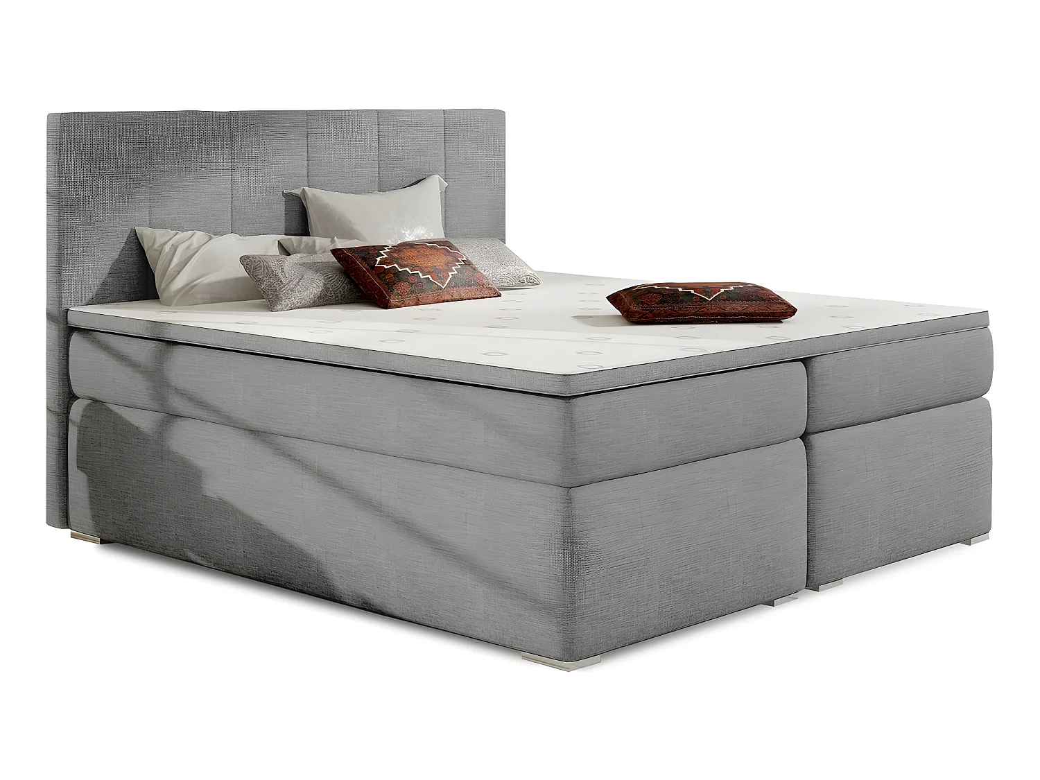 Ensemble boxspring complet tête de lit + sommiers + matelas + surmatelas BORIS de VENESETTI - tissu luxe gris clair - 140x200 cm