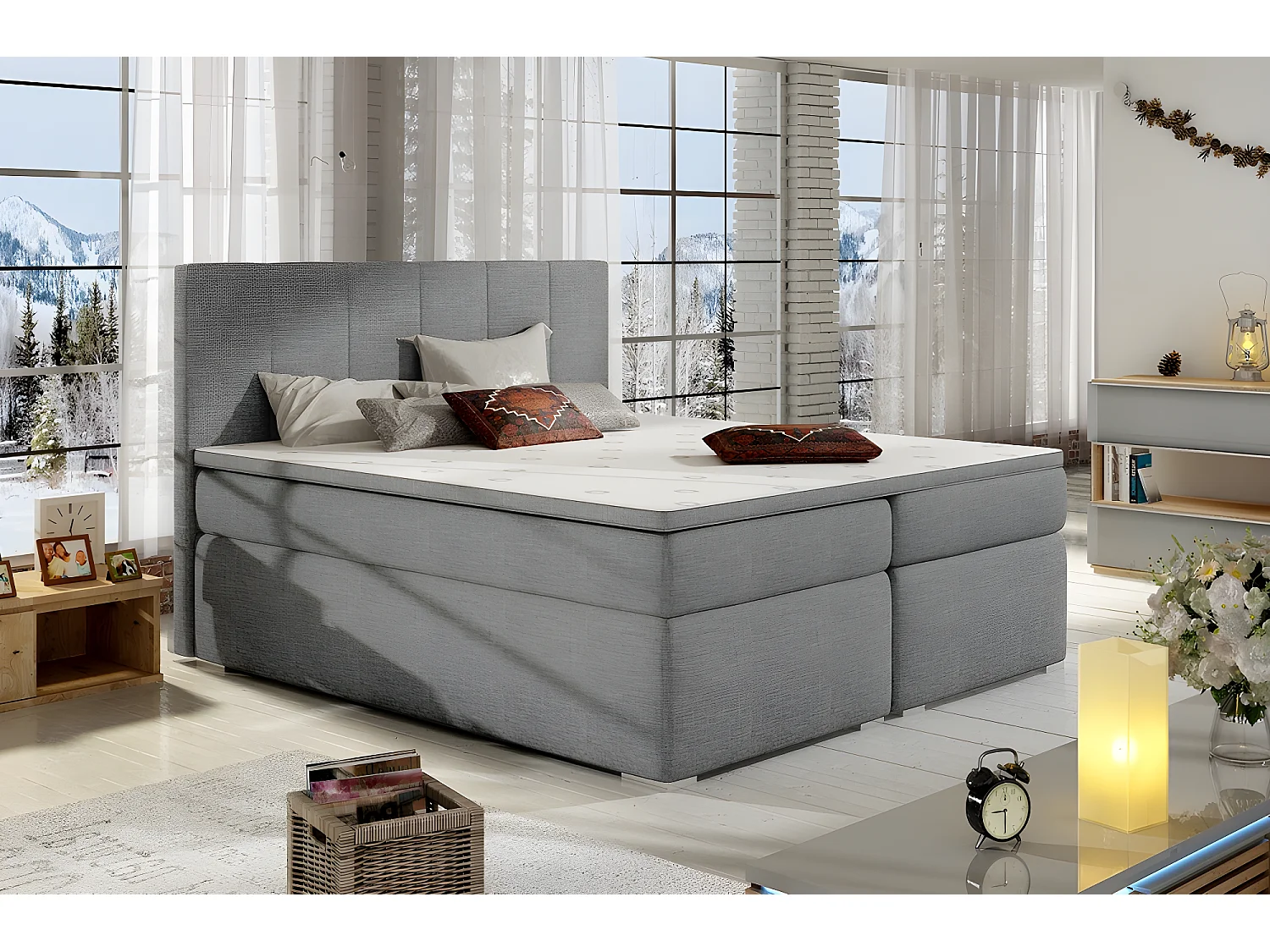 Ensemble boxspring complet tête de lit + sommiers + matelas + surmatelas BORIS de VENESETTI - tissu luxe gris clair - 140x200 cm