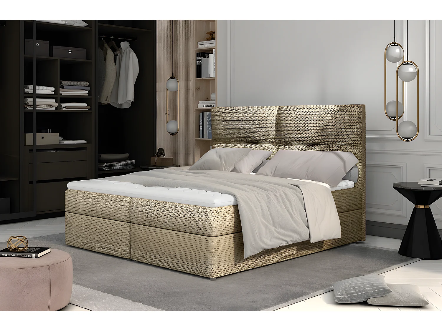 Ensemble boxspring complet tête de lit + sommiers + matelas + surmatelas AMARIS de VENESETTI - tissu luxe beige - 160x200 cm