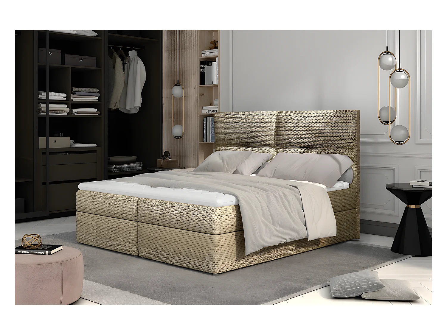 Ensemble boxspring complet tête de lit + sommiers + matelas + surmatelas AMARIS de VENESETTI - tissu luxe beige - 160x200 cm