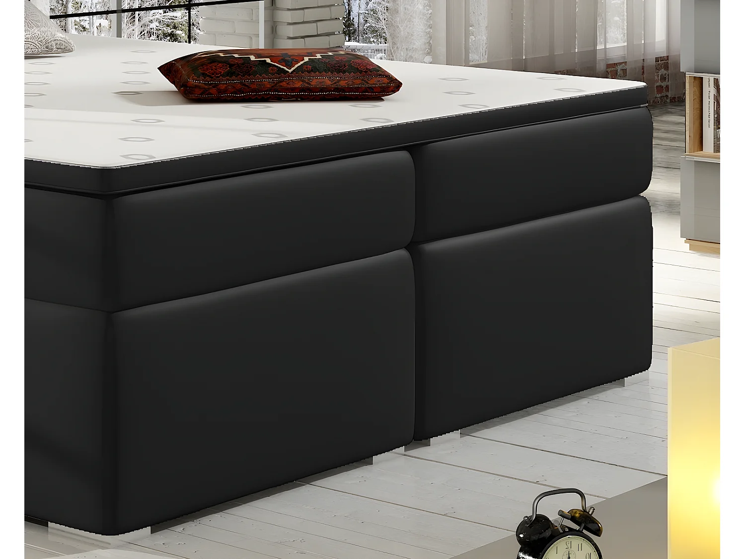 Ensemble boxspring complet tête de lit + sommiers + matelas + surmatelas BORIS de VENESETTI - simili cuir noir - 160x200 cm