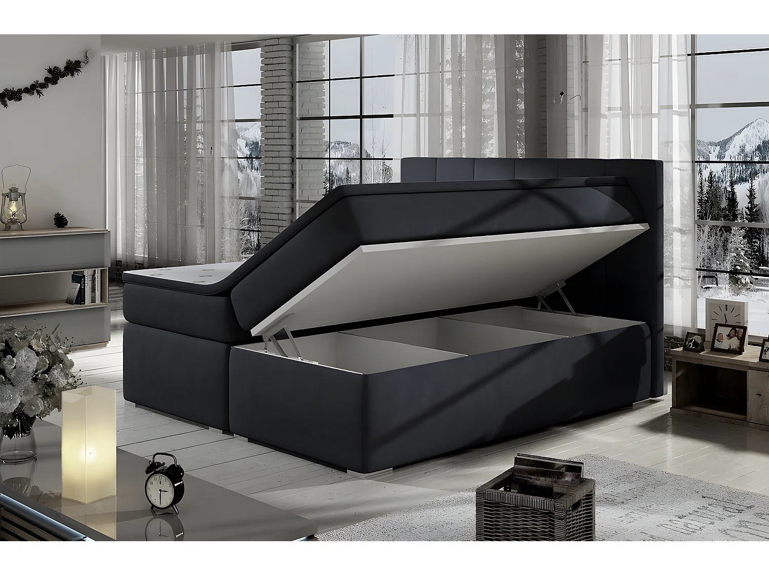 Ensemble boxspring complet tête de lit + sommiers + matelas + surmatelas BORIS de VENESETTI - simili cuir noir - 160x200 cm