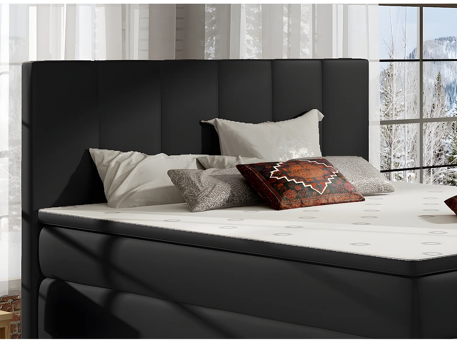 Ensemble boxspring complet tête de lit + sommiers + matelas + surmatelas BORIS de VENESETTI - simili cuir noir - 160x200 cm