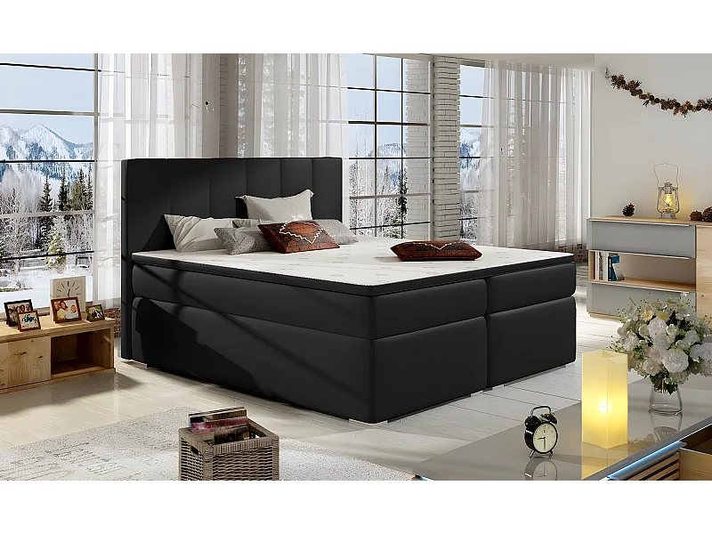 Ensemble boxspring complet tête de lit + sommiers + matelas + surmatelas BORIS de VENESETTI - simili cuir noir - 160x200 cm
