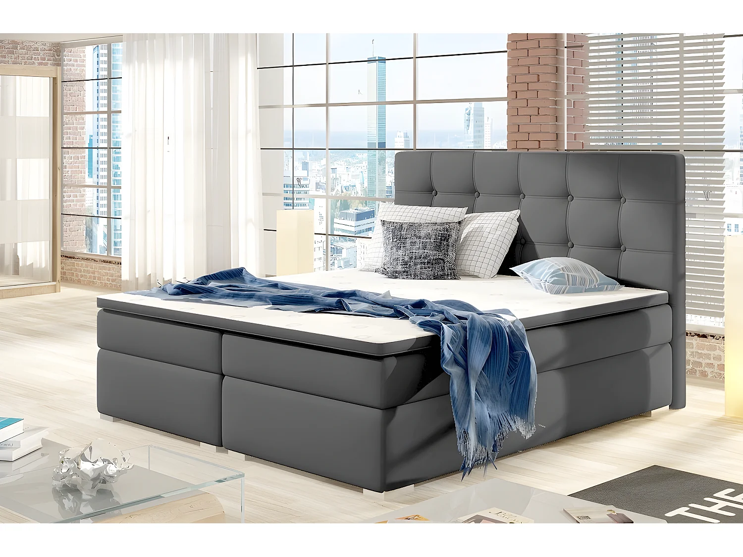 Ensemble boxspring complet tête de lit + sommiers + matelas + surmatelas INAYA de VENESETTI - simili cuir gris - 140x200 cm