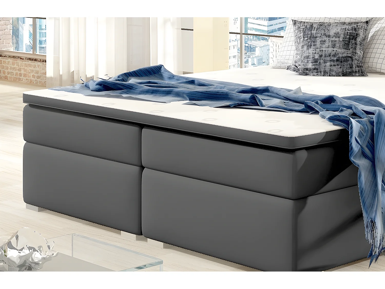 Ensemble boxspring complet tête de lit + sommiers + matelas + surmatelas INAYA de VENESETTI - simili cuir gris - 140x200 cm