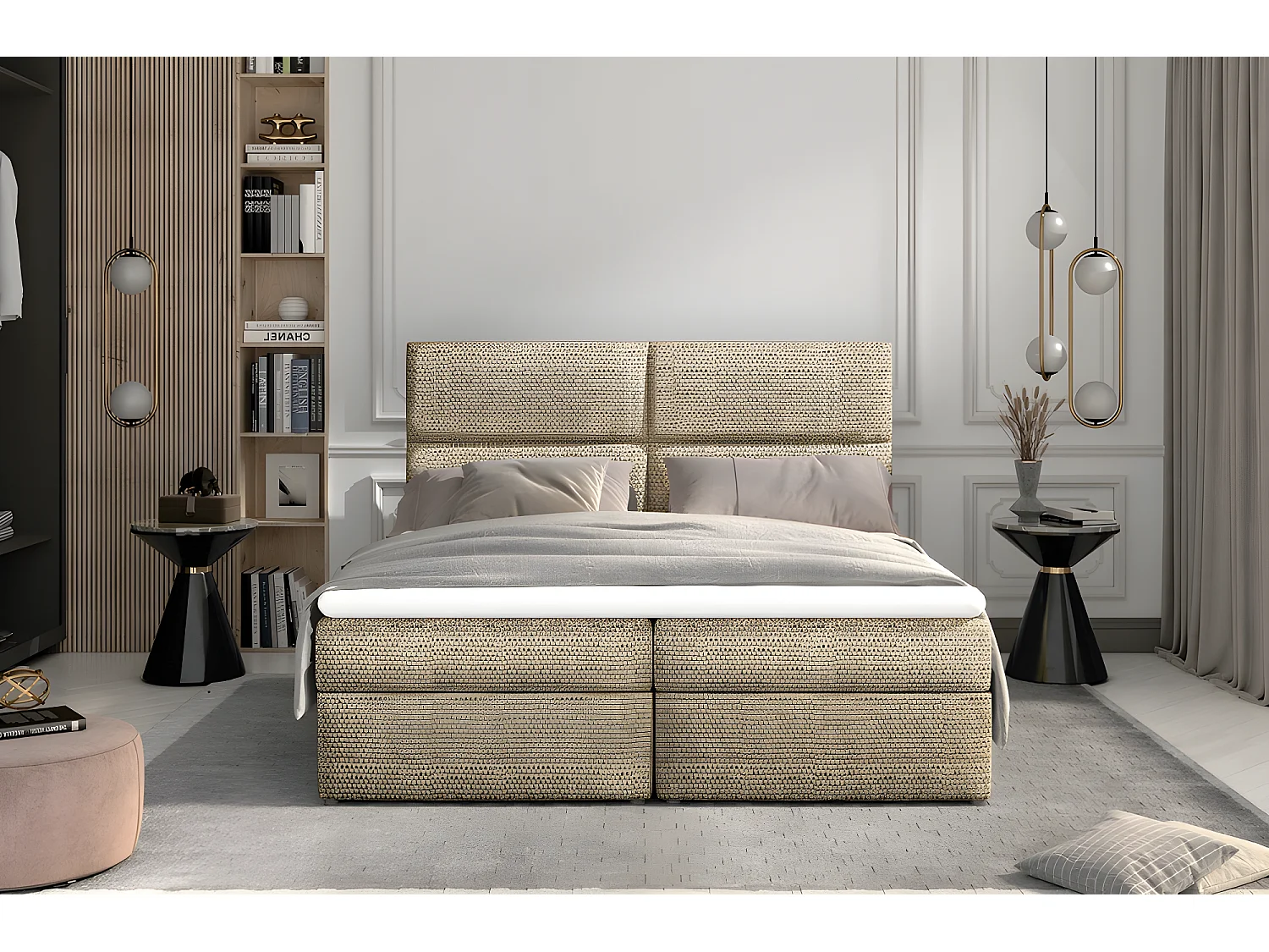 Ensemble boxspring complet tête de lit + sommiers + matelas + surmatelas AMARIS de VENESETTI - tissu luxe beige - 180x200 cm