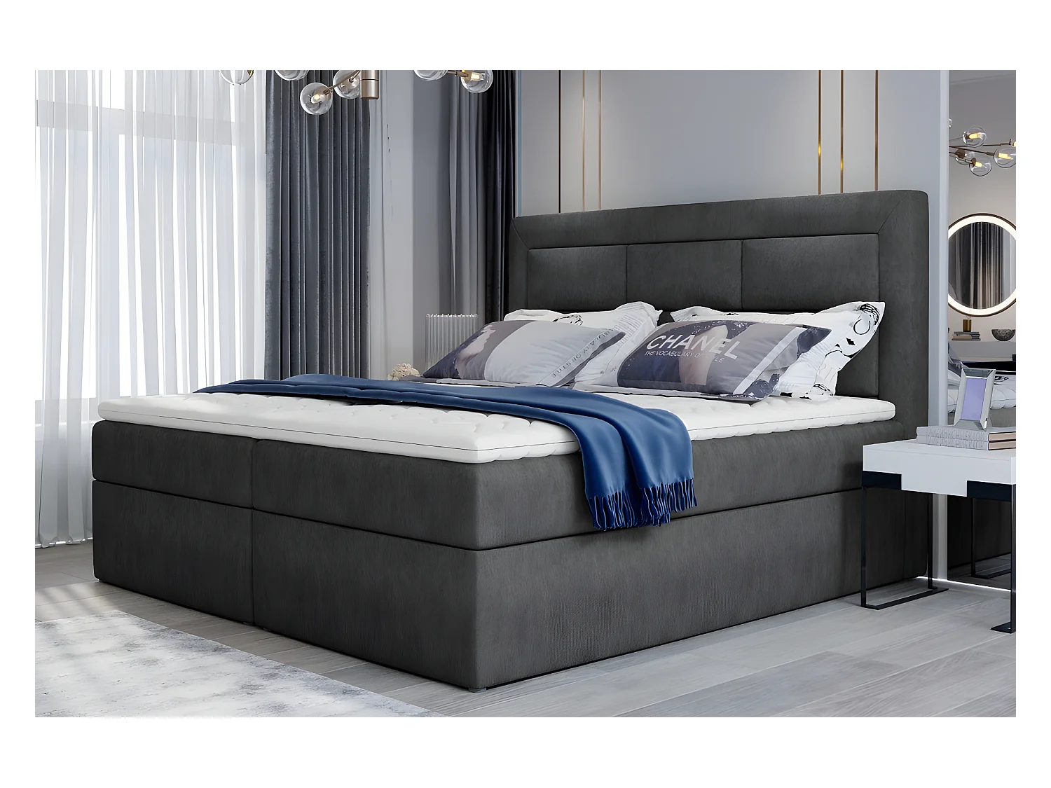 Ensemble boxspring complet tête de lit + sommiers + matelas + surmatelas VISTA de VENESETTI - tissu luxe gris foncé - 140 x 200 cm