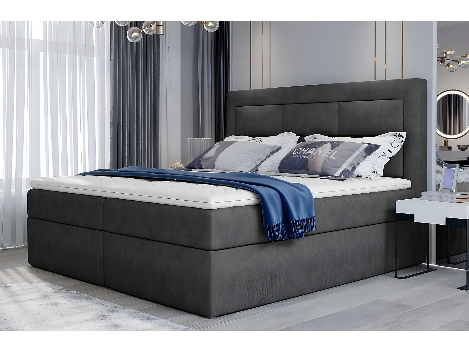 Ensemble boxspring complet tête de lit + sommiers + matelas + surmatelas VISTA de VENESETTI - tissu luxe gris foncé - 140 x 200 cm