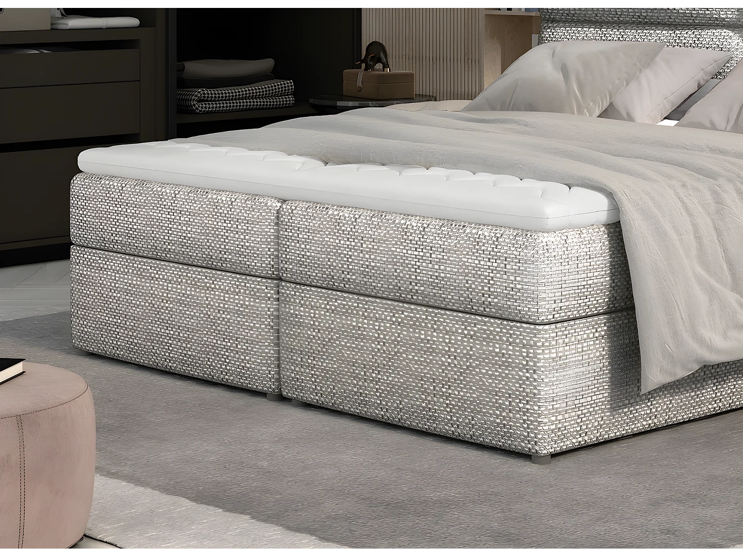 Ensemble boxspring complet tête de lit + sommiers + matelas + surmatelas AMARIS de VENESETTI - tissu luxe gris - 140x200 cm