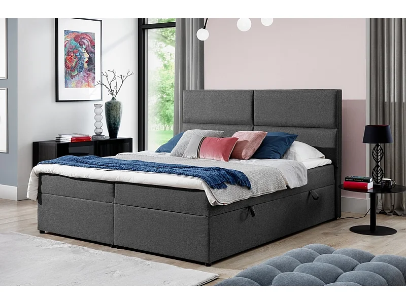 Ensemble boxspring complet tête de lit + sommiers + matelas + surmatelas AMARIS de VENESETTI - tissu luxe gris foncé - 160x200 cm