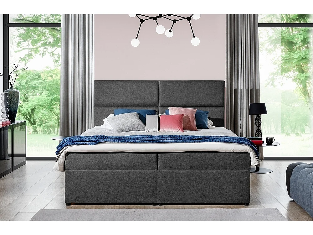 Ensemble boxspring complet tête de lit + sommiers + matelas + surmatelas AMARIS de VENESETTI - tissu luxe gris foncé - 160x200 cm