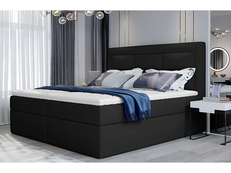 Ensemble boxspring complet tête de lit + sommiers + matelas + surmatelas VISTA de VENESETTI - simili cuir noir - 140 x 200 cm