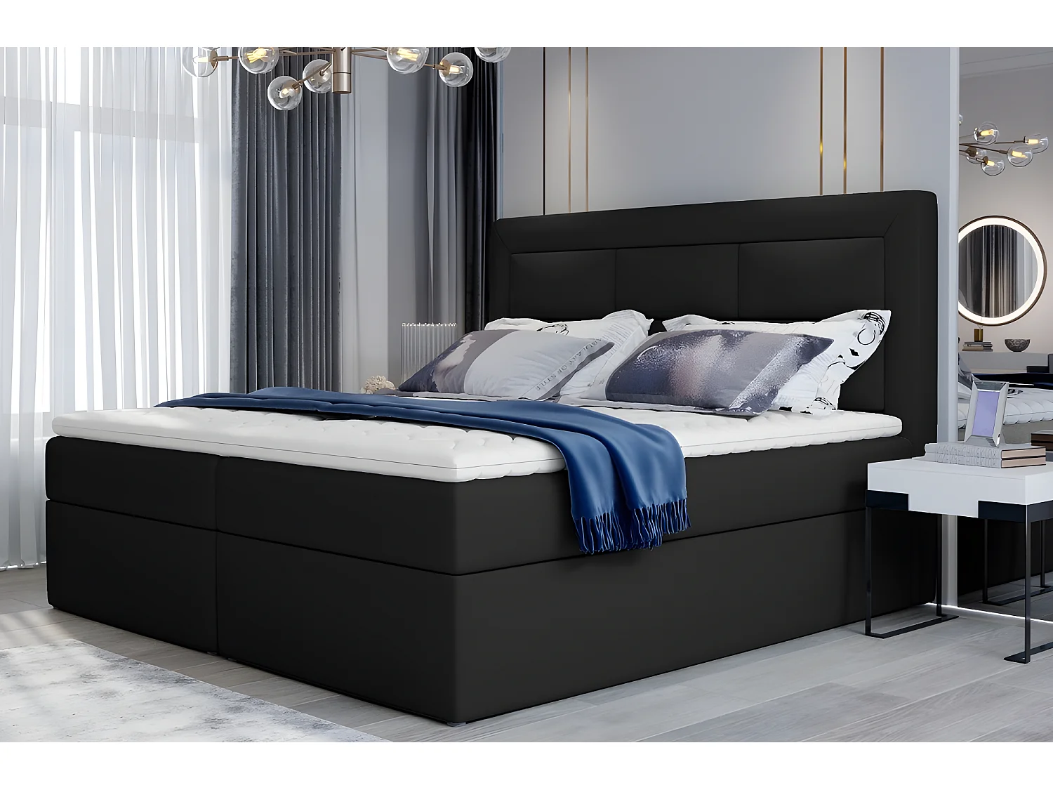 Ensemble boxspring complet tête de lit + sommiers + matelas + surmatelas VISTA de VENESETTI - simili cuir noir - 140 x 200 cm