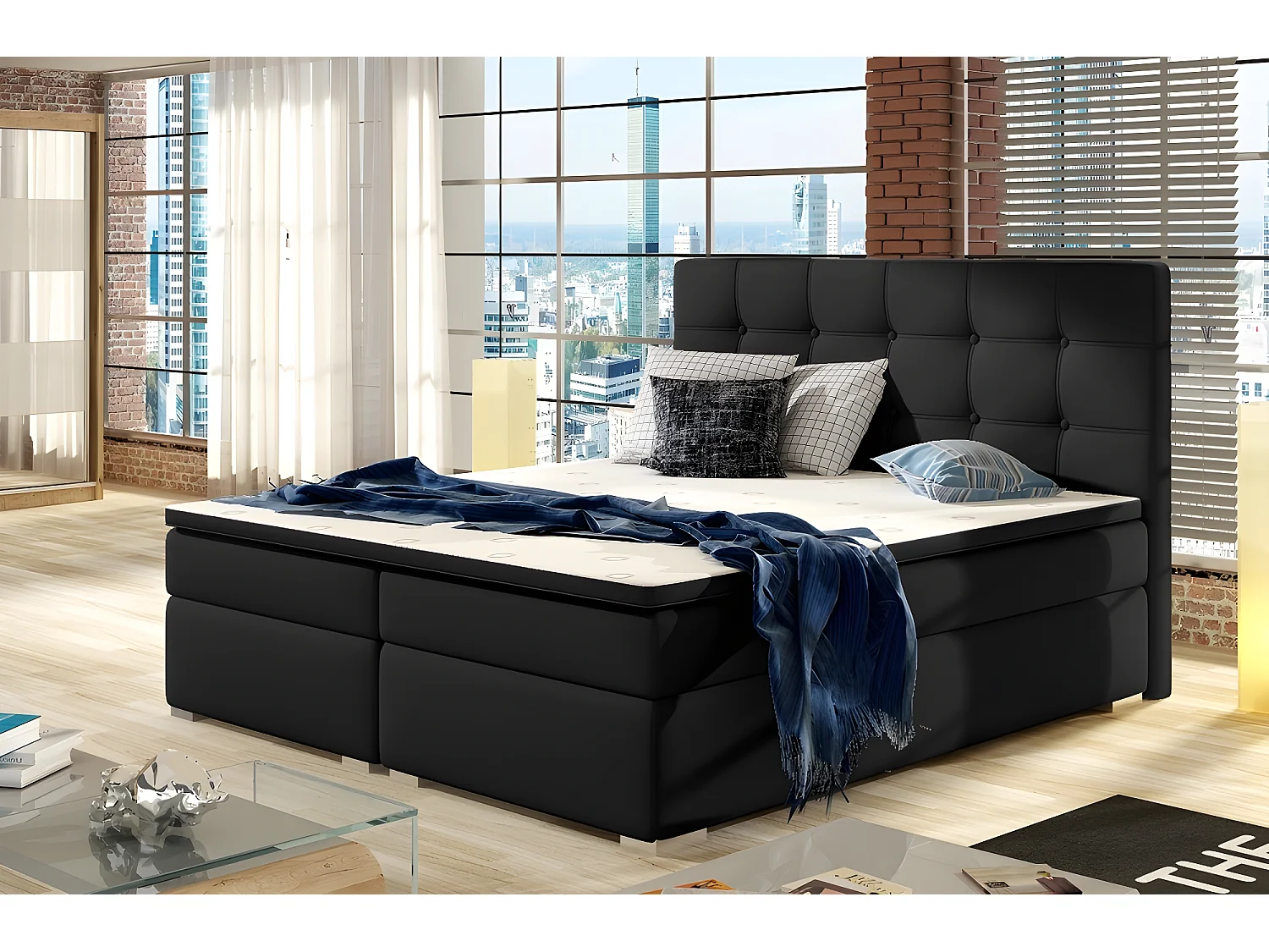 Ensemble boxspring complet tête de lit + sommiers + matelas + surmatelas INAYA de VENESETTI - simili cuir noir - 180x200 cm