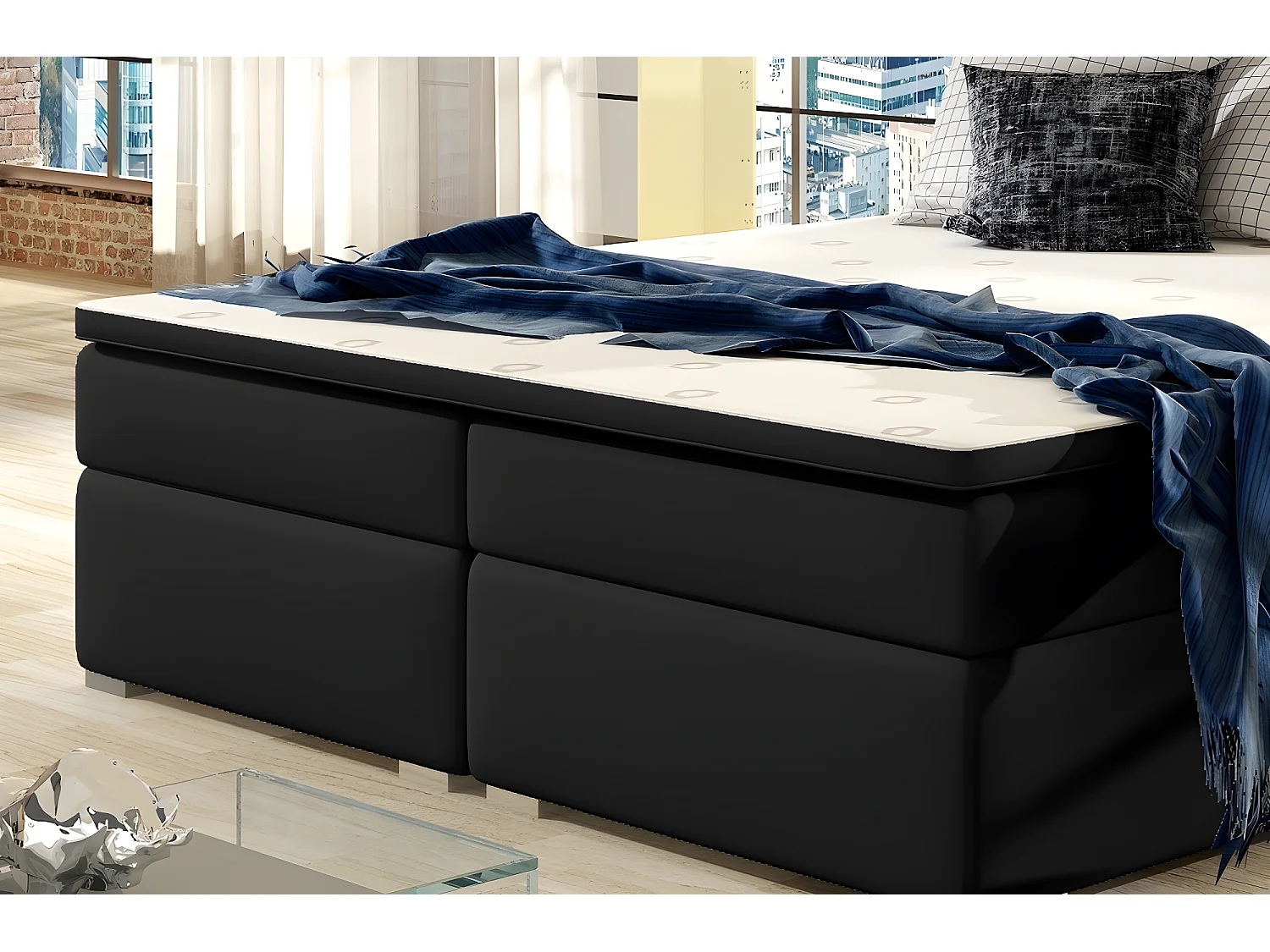 Ensemble boxspring complet tête de lit + sommiers + matelas + surmatelas INAYA de VENESETTI - simili cuir noir - 180x200 cm