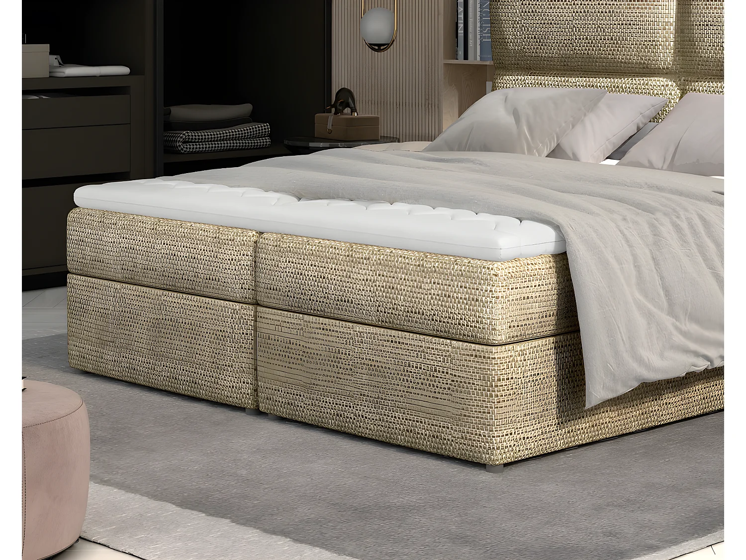 Ensemble boxspring complet tête de lit + sommiers + matelas + surmatelas AMARIS de VENESETTI - tissu luxe beige - 140x200 cm