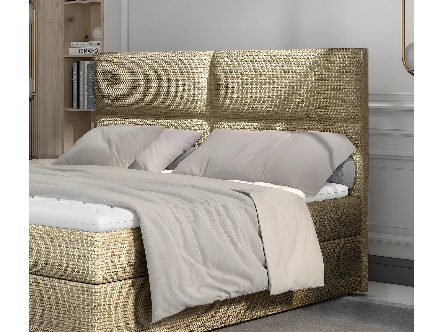 Ensemble boxspring complet tête de lit + sommiers + matelas + surmatelas AMARIS de VENESETTI - tissu luxe beige - 140x200 cm