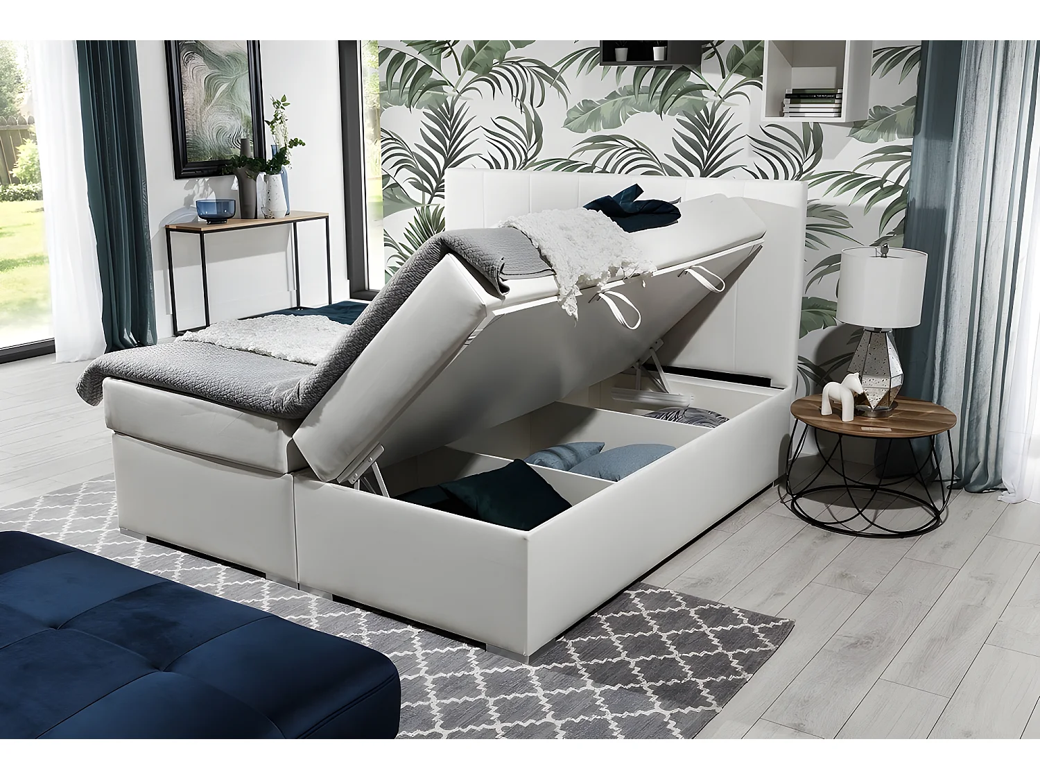 Ensemble boxspring complet tête de lit + sommiers + matelas + surmatelas BORIS de VENESETTI - simili cuir blanc - 180x200 cm