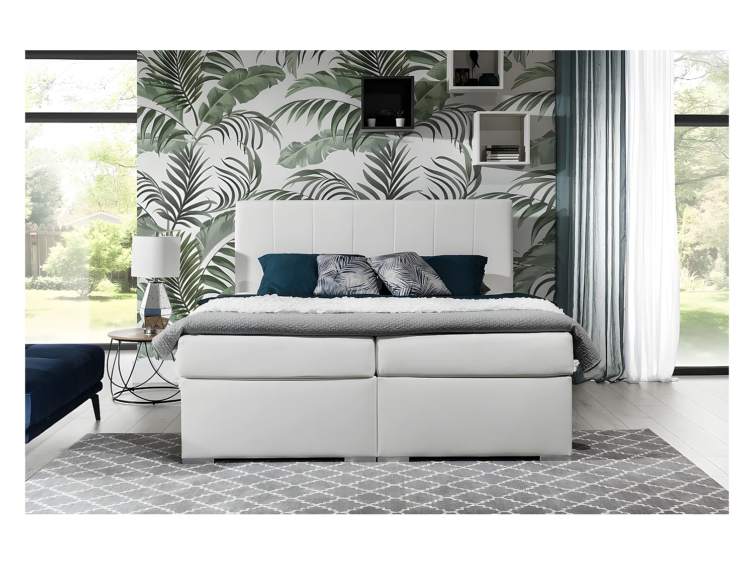 Ensemble boxspring complet tête de lit + sommiers + matelas + surmatelas BORIS de VENESETTI - simili cuir blanc - 180x200 cm