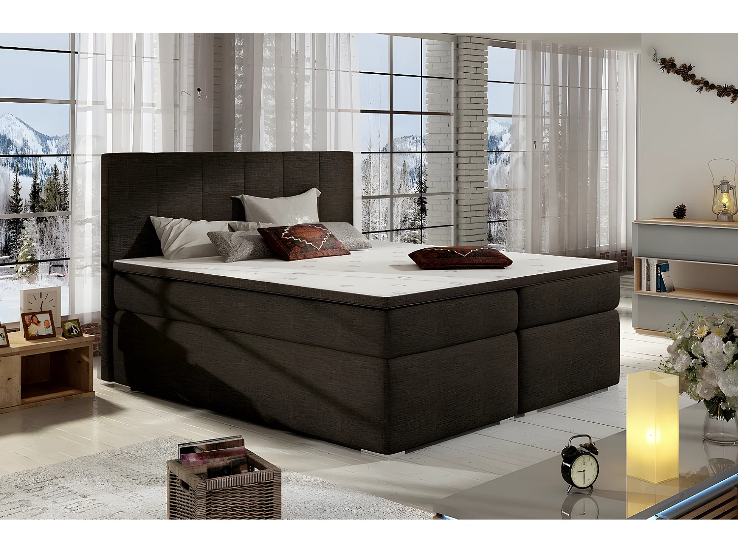 Ensemble boxspring complet tête de lit + sommiers + matelas + surmatelas BORIS de VENESETTI - tissu luxe chocolat - 140x200 cm