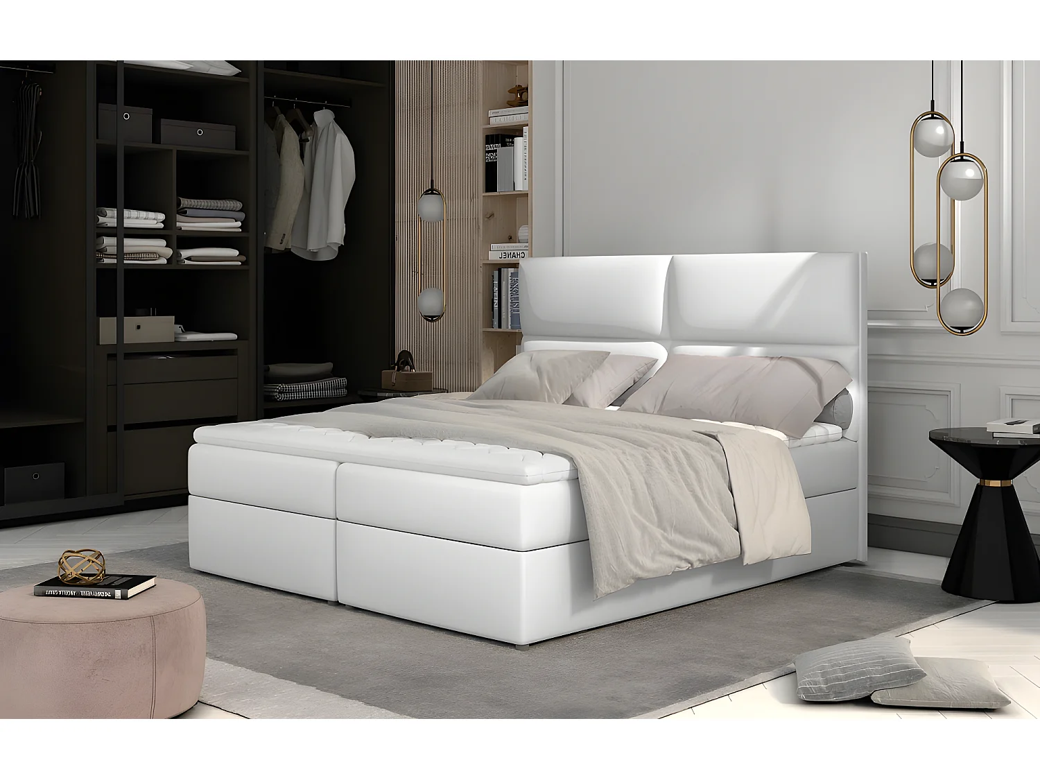 Ensemble boxspring complet tête de lit + sommiers + matelas + surmatelas AMARIS de VENESETTI - simili cuir blanc - 180x200 cm