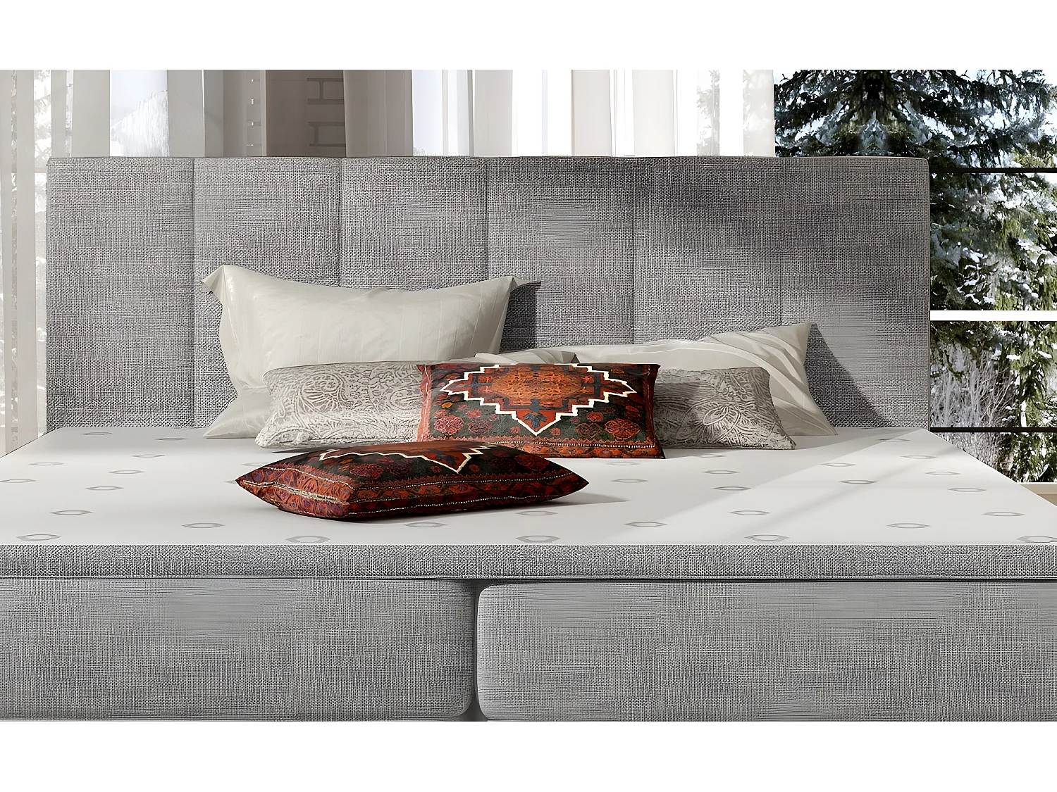 Ensemble boxspring complet tête de lit + sommiers + matelas + surmatelas BORIS de VENESETTI - tissu luxe gris clair - 160x200 cm