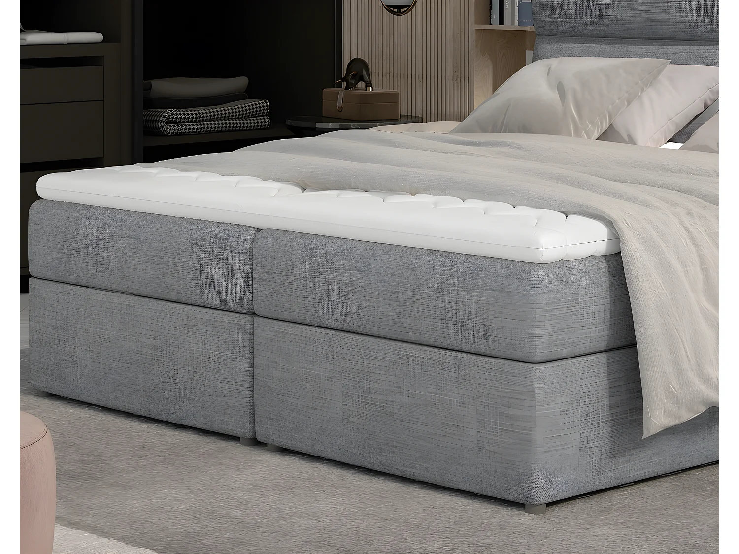 Ensemble boxspring complet tête de lit + sommiers + matelas + surmatelas AMARIS de VENESETTI - tissu luxe gris clair - 180x200 cm