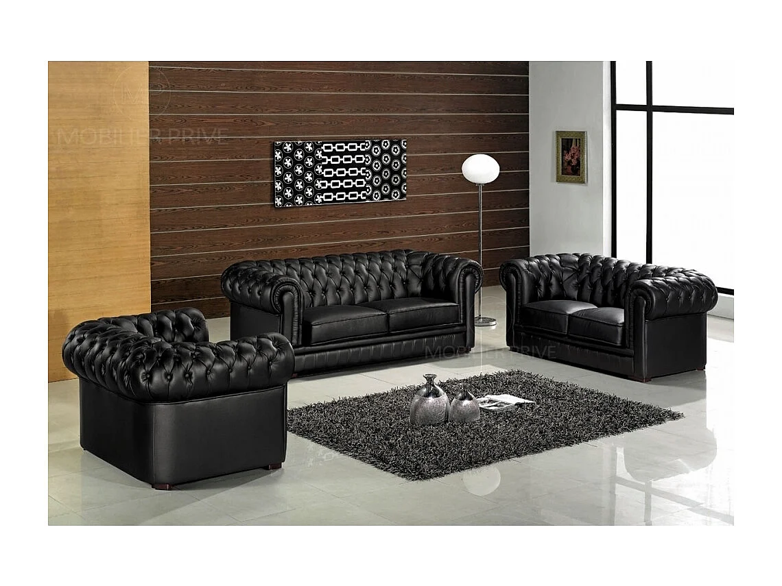 Canapé 3 places en cuir luxe italien CHESTERFIELD, noir