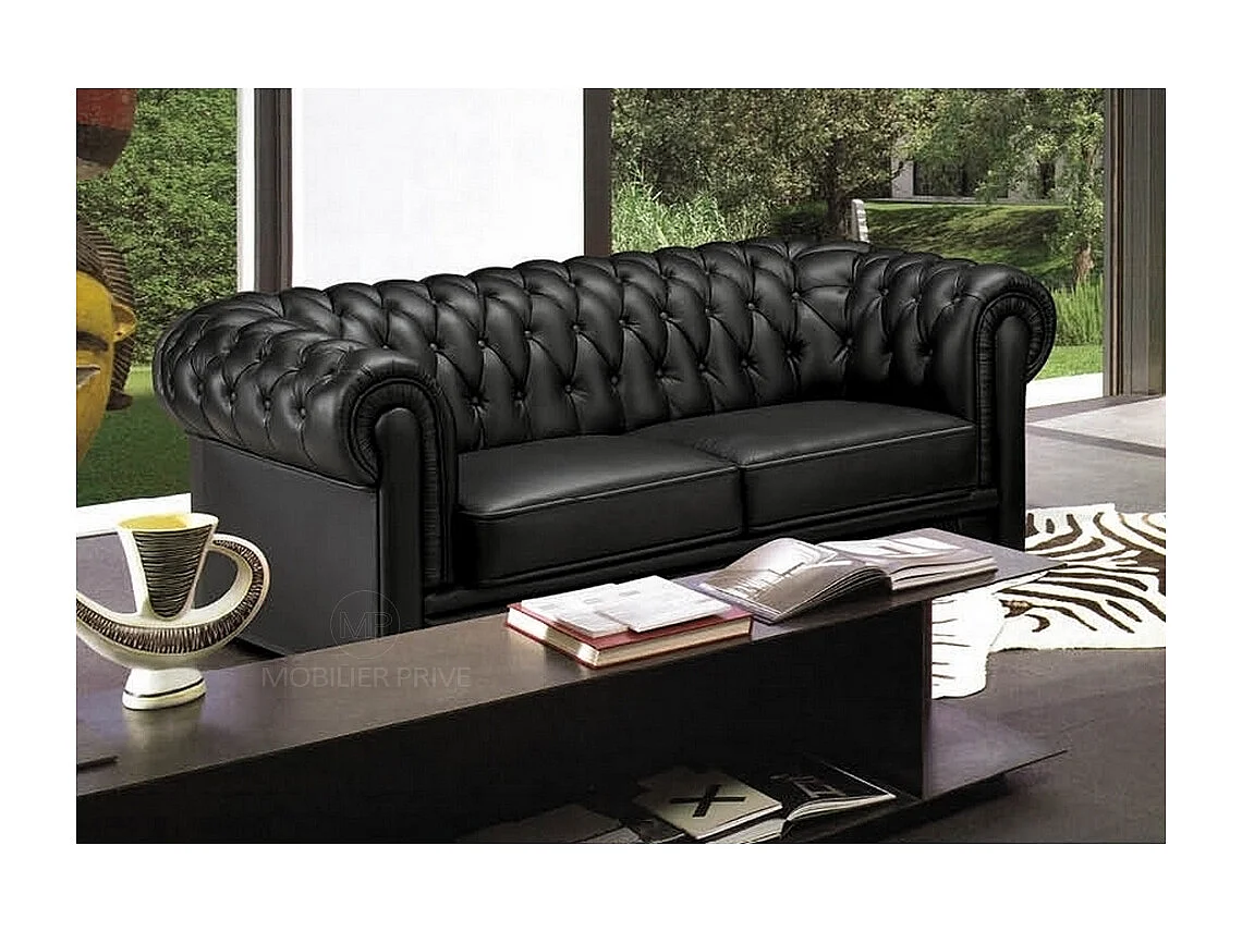 Canapé 3 places en cuir luxe italien CHESTERFIELD, noir