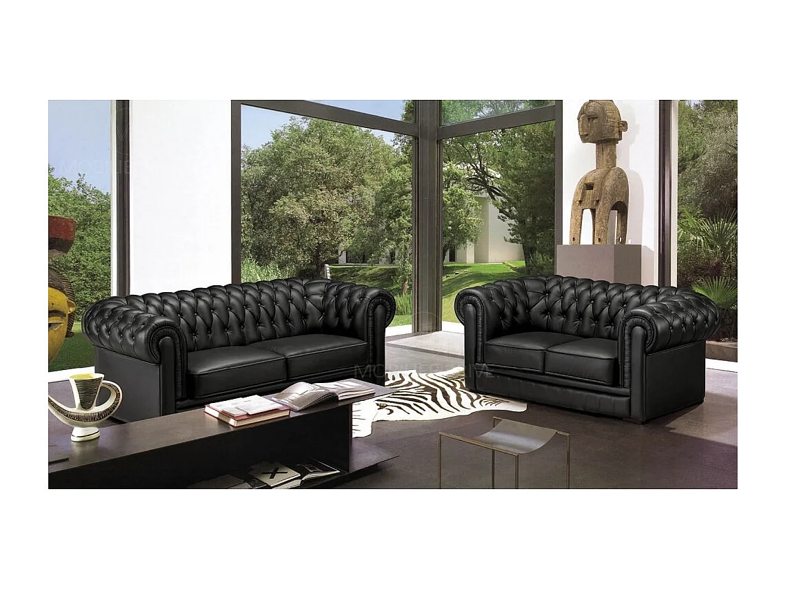 Canapé 3 places en cuir luxe italien CHESTERFIELD, noir