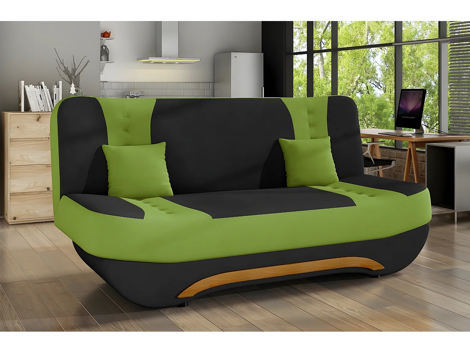 Canapé 3 places convertible et espace de rangement - bicolore anthracite  / vert - en tissu de qualité, EWIN