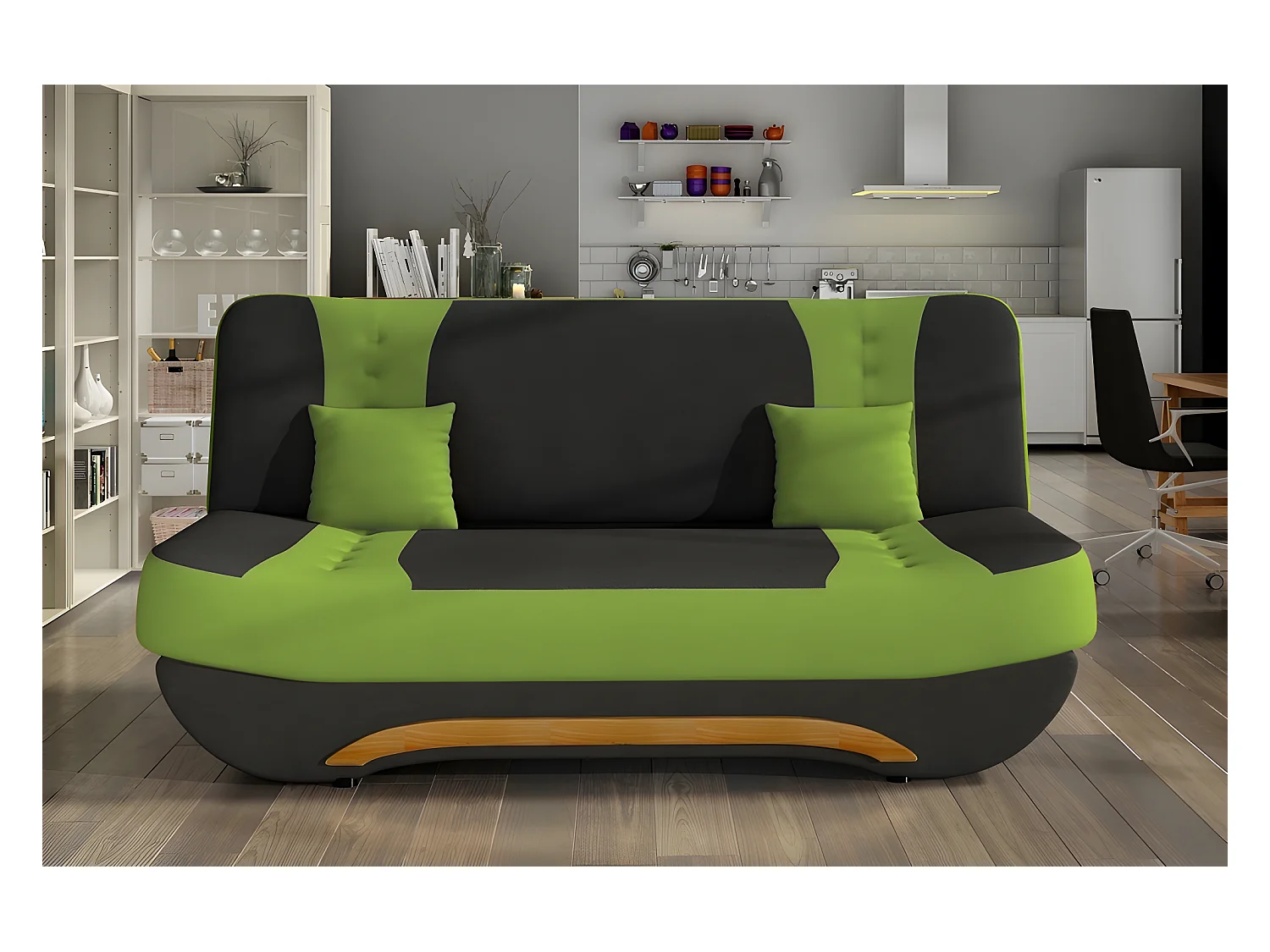 Canapé 3 places convertible et espace de rangement - bicolore anthracite  / vert - en tissu de qualité, EWIN