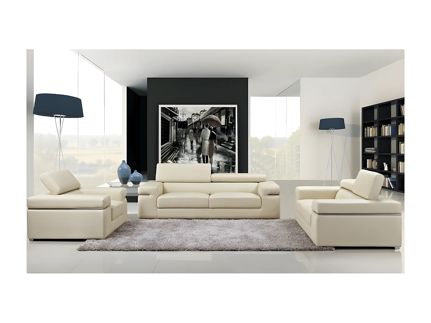 Canapé 3 places en cuir italien ALONSO, écru