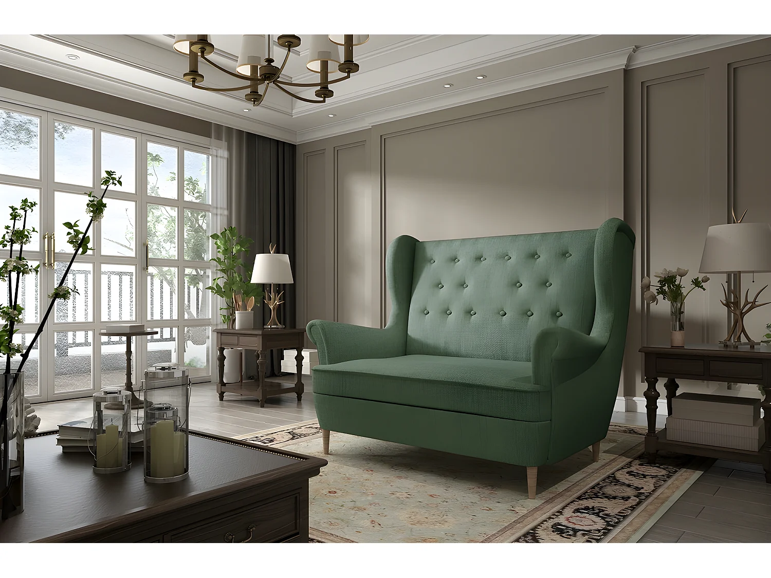 Canapé 2 places en tissu de catégorie Luxe, Vert - ARNAUD