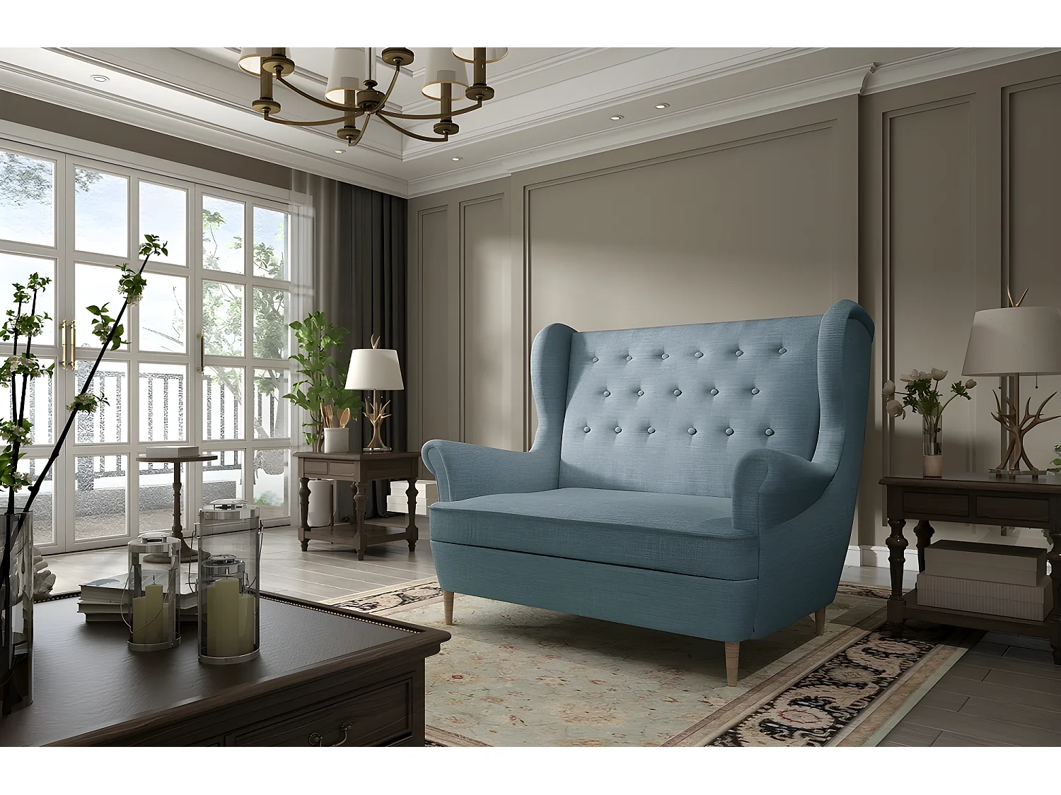 Canapé 2 places en tissu de catégorie Luxe, Bleu clair - ARNAUD