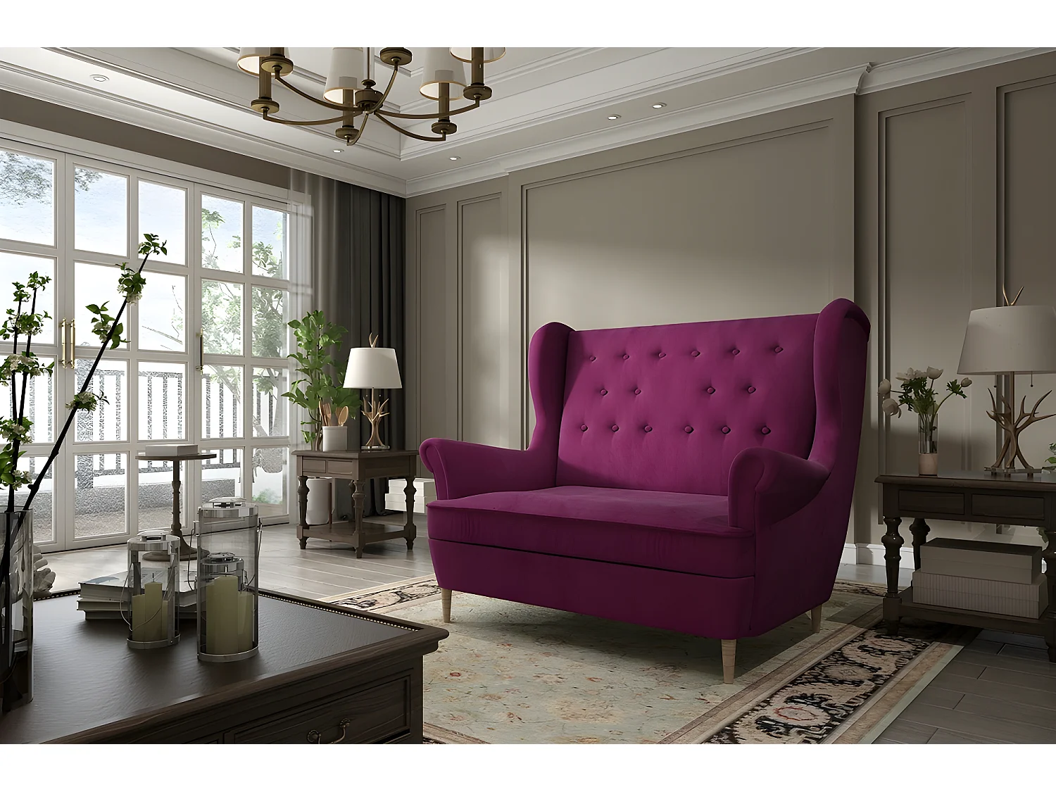 Luxe 2-zitsbank van Fuschia-stof ARNAUD