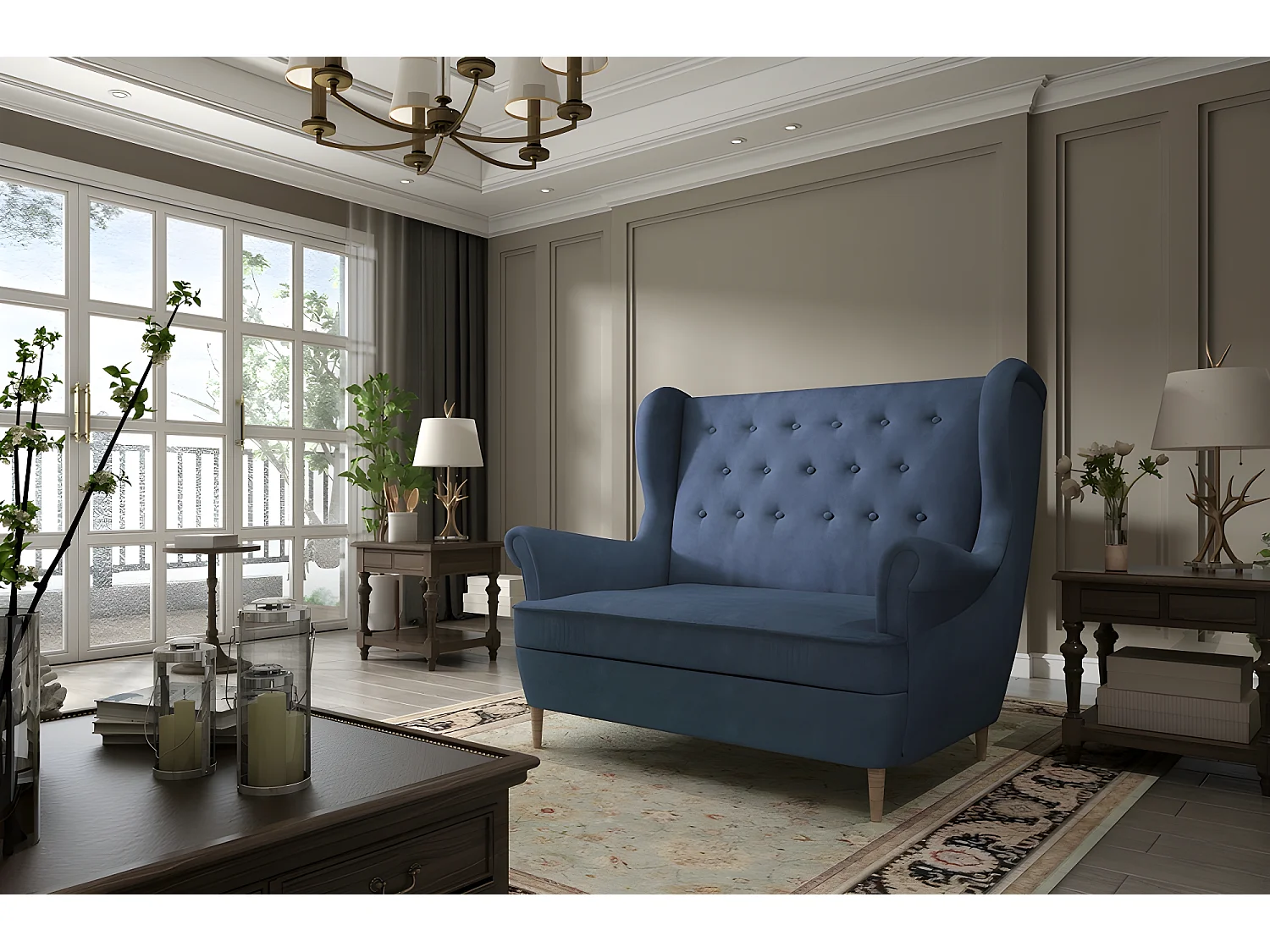 Canapé 2 places en tissu de catégorie Luxe, Bleu - ARNAUD