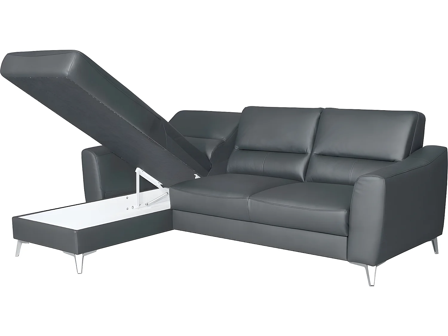 Canapé d'angle convertible en cuir italien de luxe 5 places SANTORIN, avec coffre, gris foncé, angle gauche