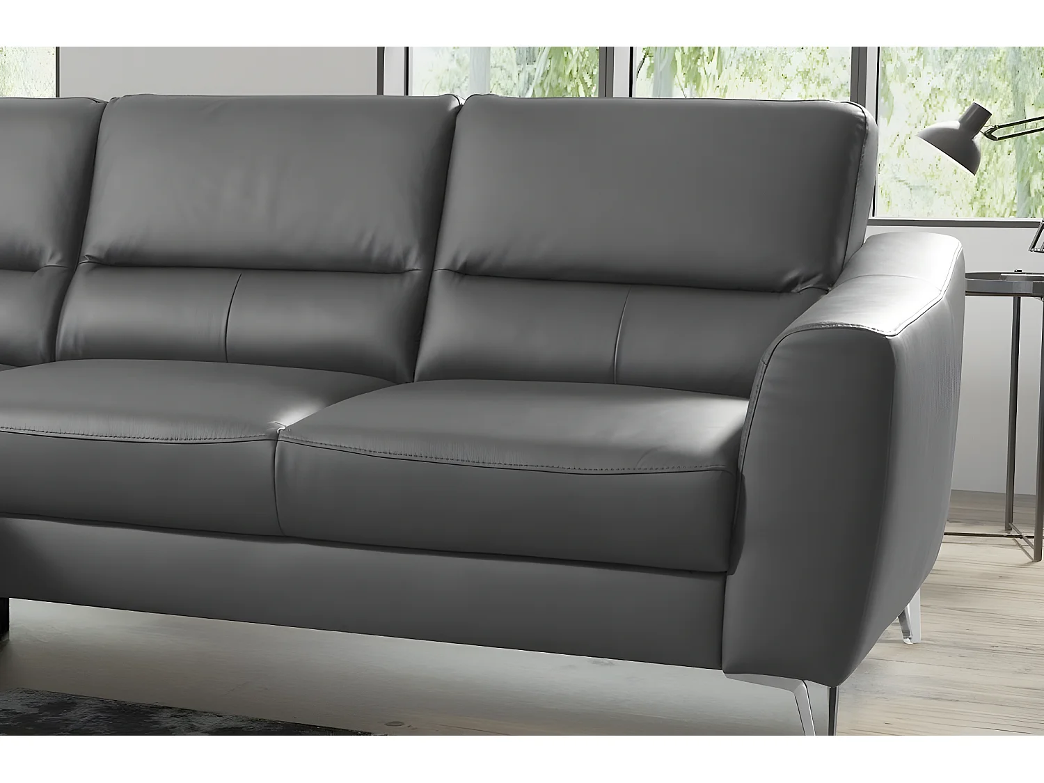 Canapé d'angle convertible en cuir italien de luxe 5 places SANTORIN, avec coffre, gris foncé, angle gauche