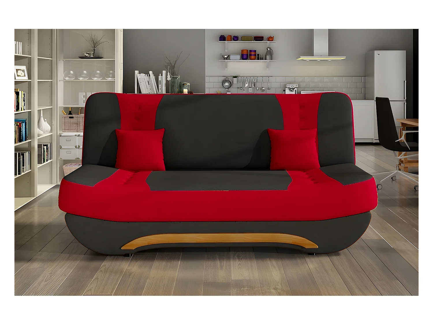 Canapé 3 places convertible et espace de rangement - bicolore anthracite  / rouge - en tissu de qualité, EWIN