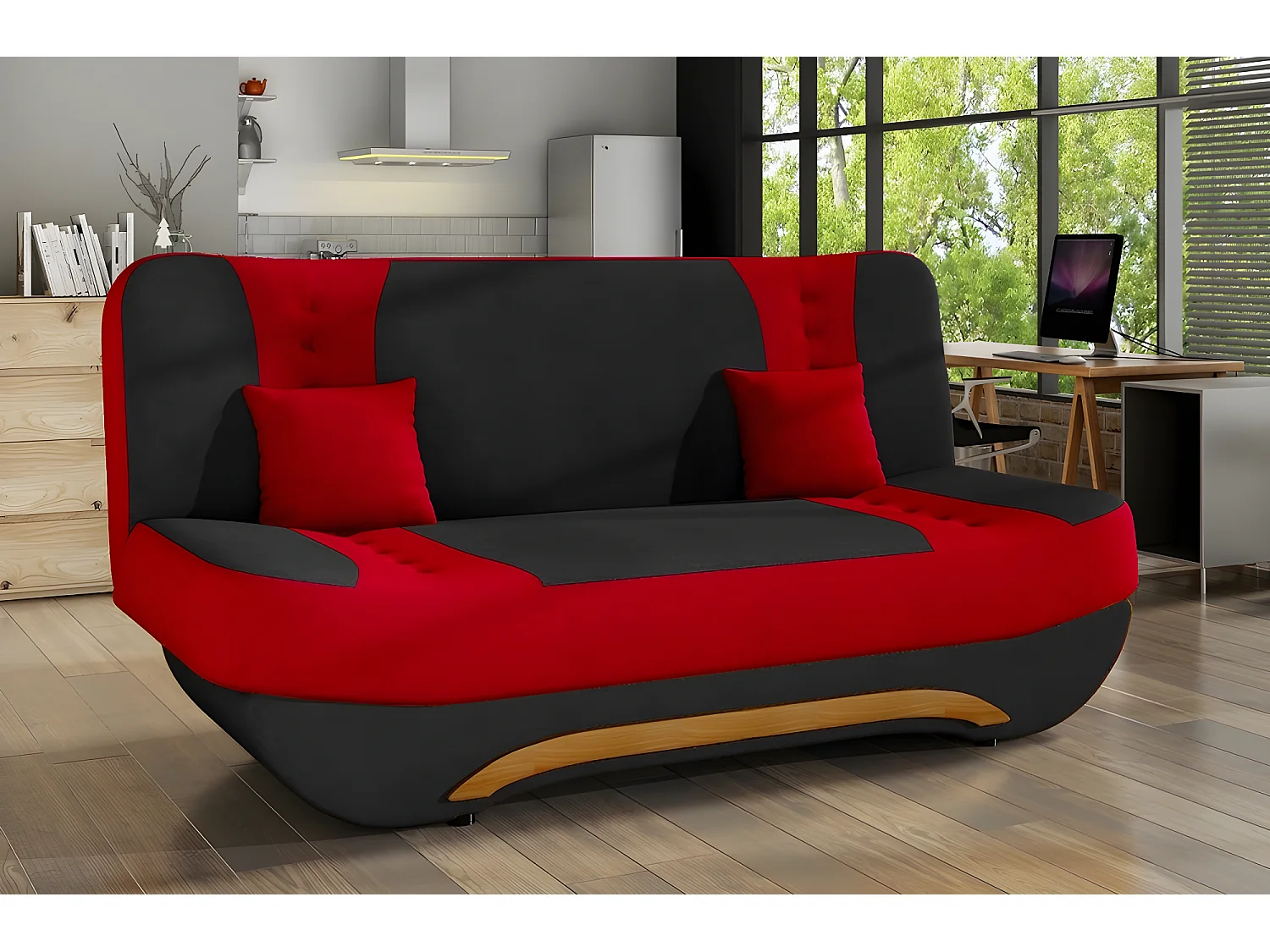 Canapé 3 places convertible et espace de rangement - bicolore anthracite  / rouge - en tissu de qualité, EWIN