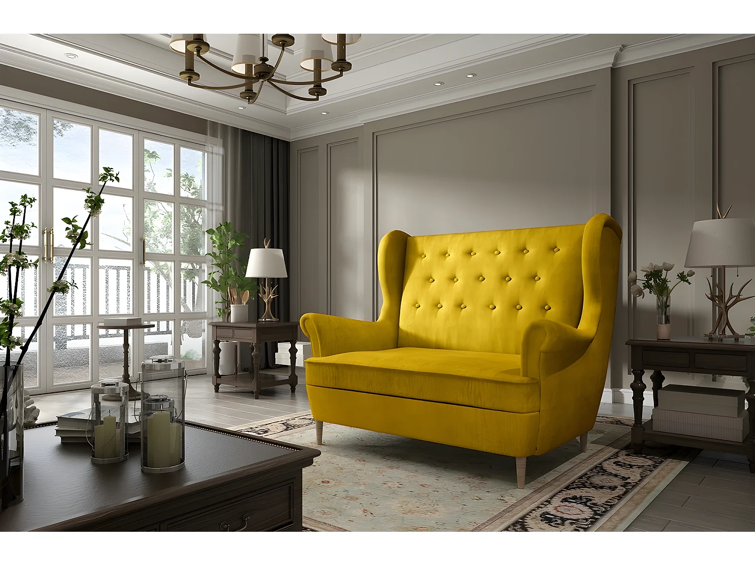 Canapé 2 places en tissu de catégorie Luxe, Jaune - ARNAUD