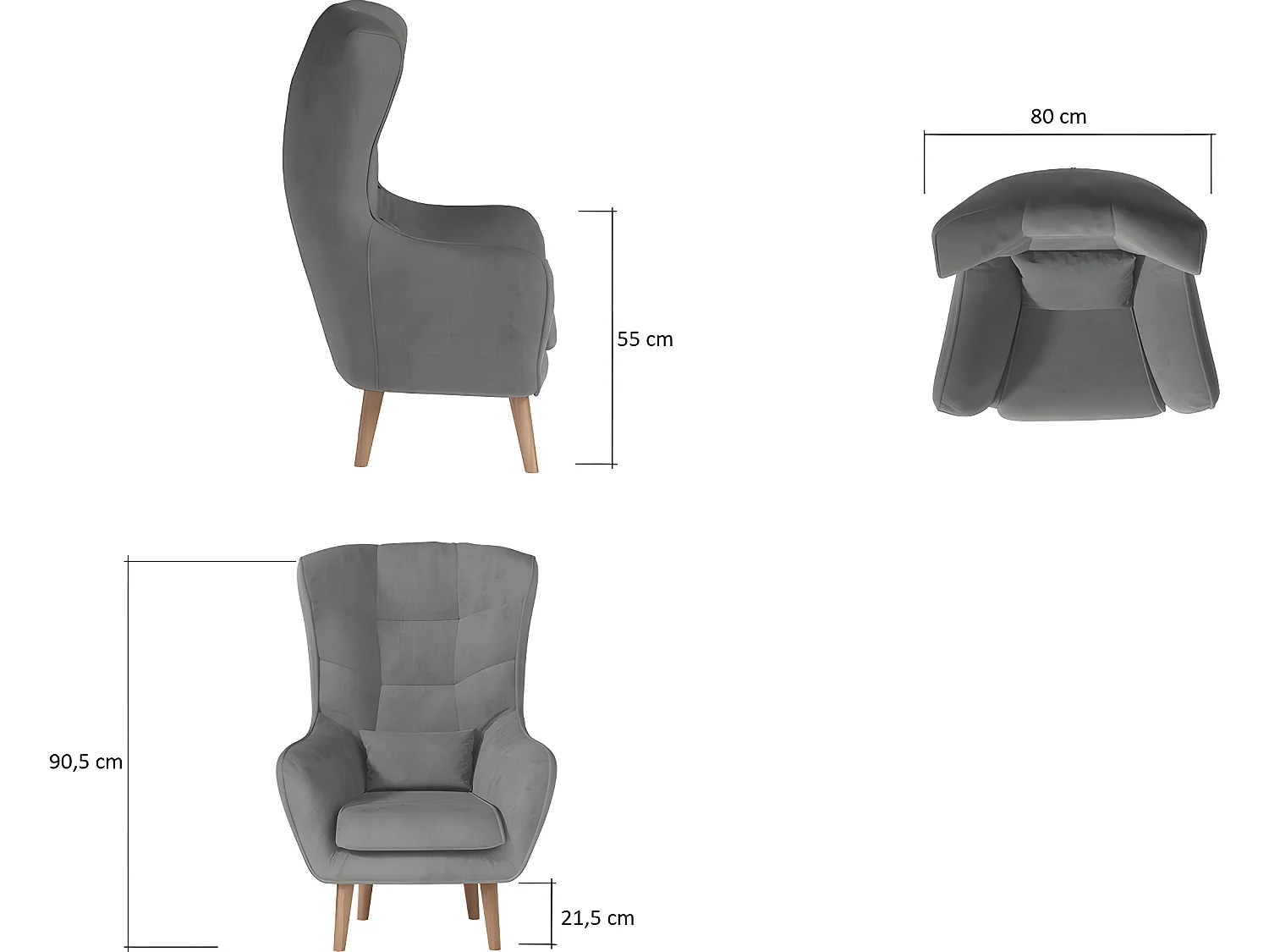 Fauteuil 1 place en tissu velours catégorie luxe, gris, ARTISTE