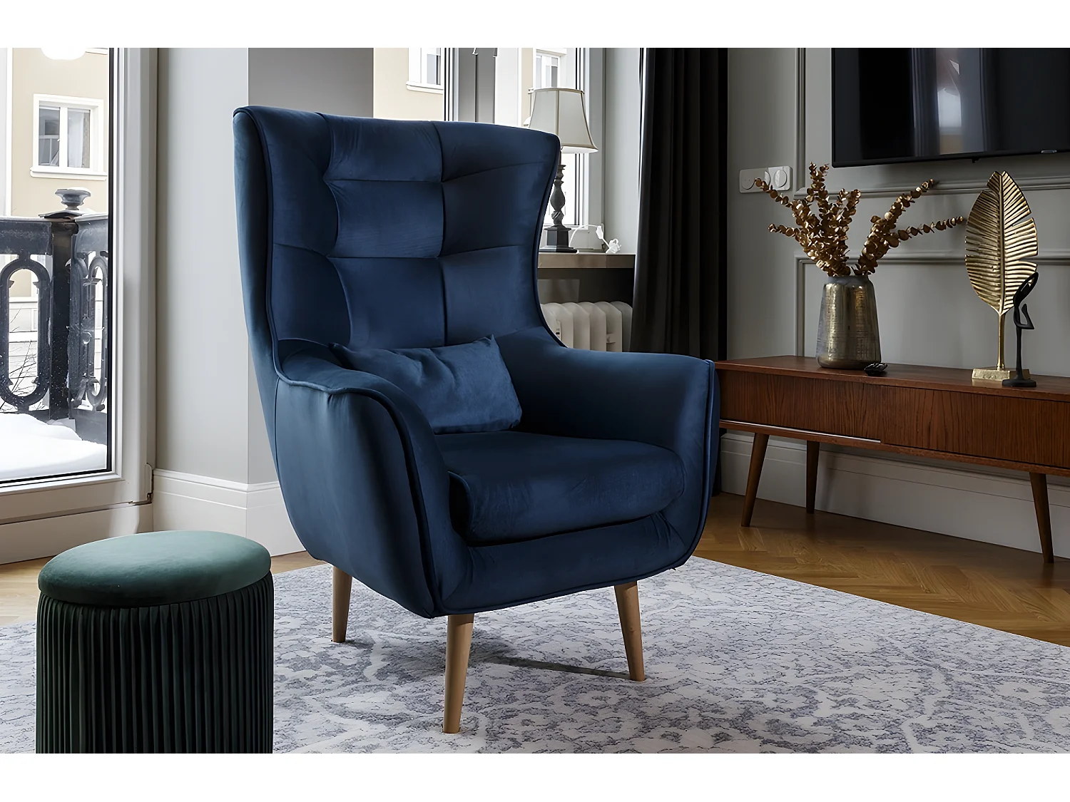 Fauteuil 1 place en tissu velours catégorie luxe, bleu foncé, ARTISTE